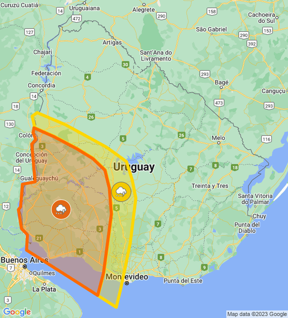 Meteorología volvió a actualizar doble alerta naranja y amarilla por