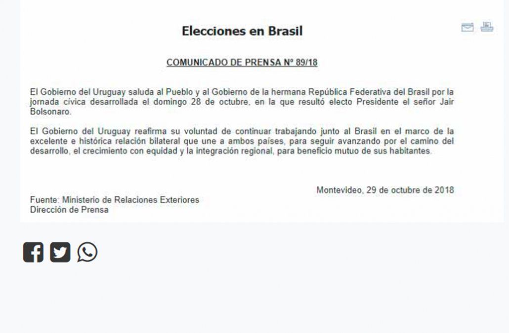 El comunicado de la diplomacia uruguaya sobre las elecciones en Brasil