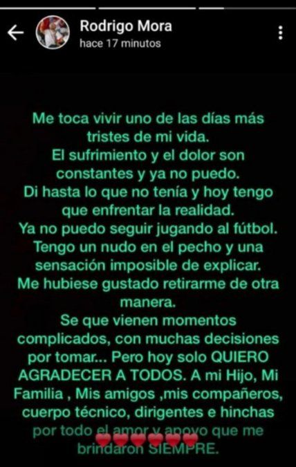 El mensaje de Mora en redes sociales