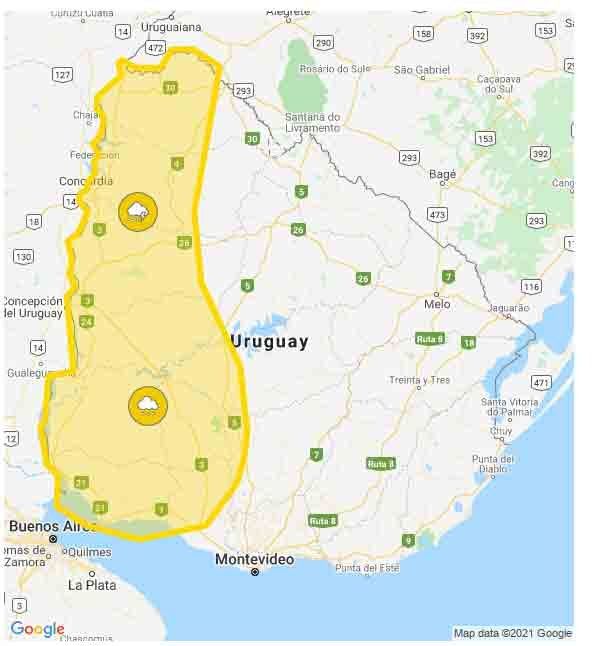 El mapa con las zonas afectadas bajo alerta amarilla por lluvias y tormentas