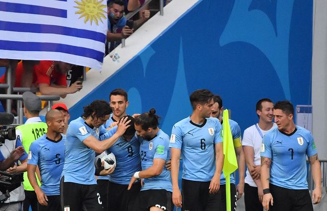 Selección Uruguaya festejo gol suárez uruguay rusia