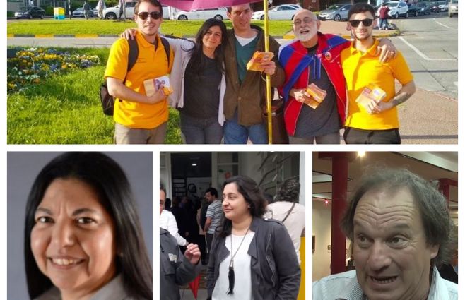 Pérez Bonavita (arriba) con militantes de la zona costera. Elsa Capillera (izquierdam abajo), Nazni Camargo (centro, abajo) y el abogado Eduardo Lust (derecha, abajo)