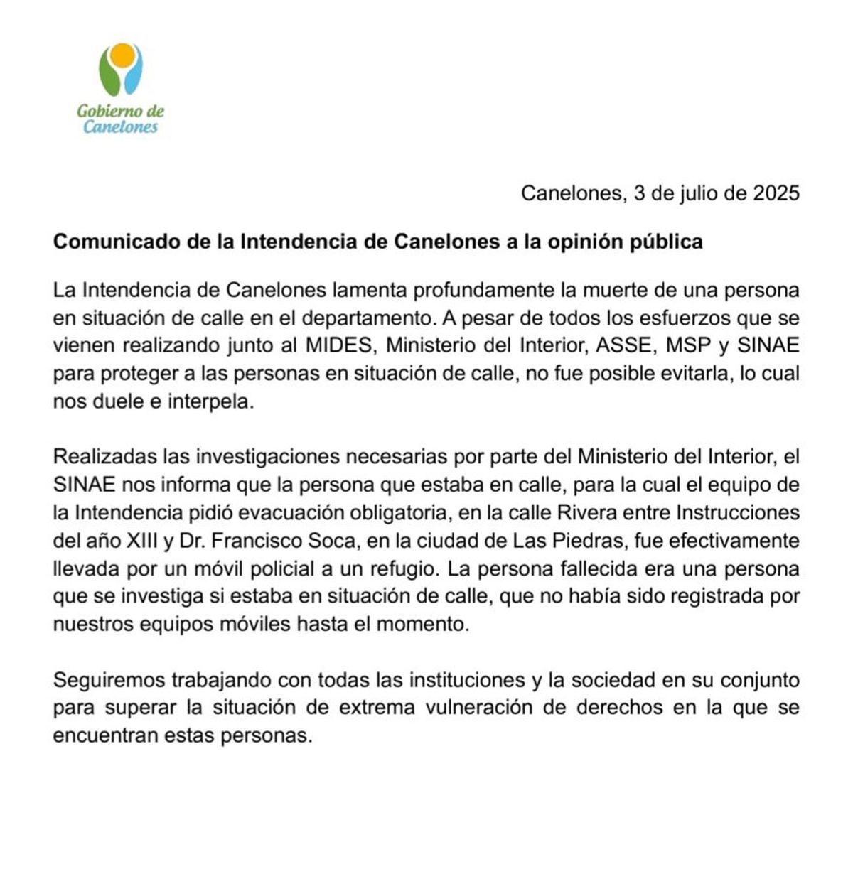 Tercer comunicado, emitido a las 9:06 de este jueves, donde dice que Tercer comunicado, emitido a las 9:06 de este jueves, donde dice que