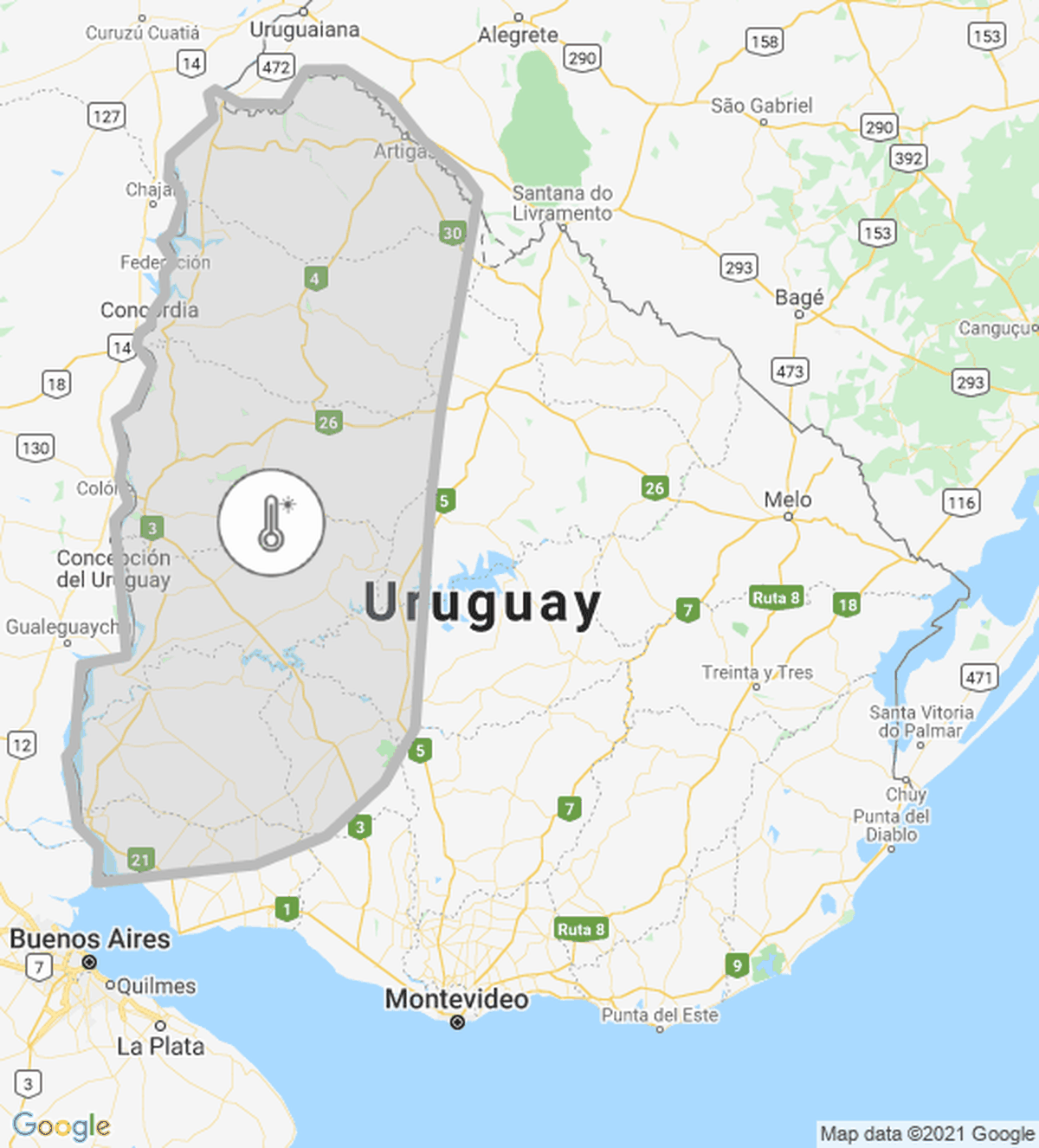 El área demarcada para la ola de calor es el litoral uruguayo. Allí las máximas alcanzarán los 39º. Sin embargo las altas temperaturas estarán presentes en todo el territorio nacional.