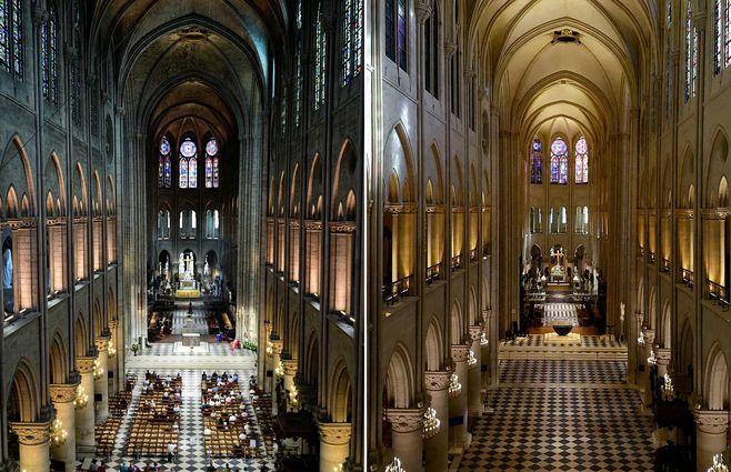 La nave de la catedral de Notre-Dame de París el 29 de noviembre de 2024 (derecha) y el 28 de junio de 2017 (izquierda). Foto: AFP