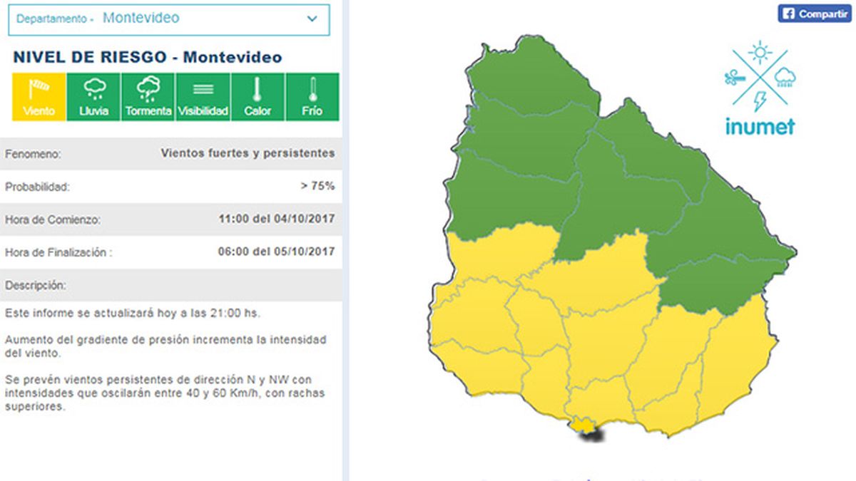 Alerta amarilla por vientos fuertes y persistentes en la mitad del país