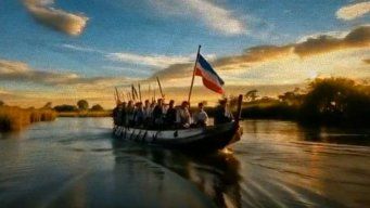 Recreación con IA del desembarco de los 33 Orientales con la bandera de Libertad o Muerte. Imagen: Presidencia de la República.
