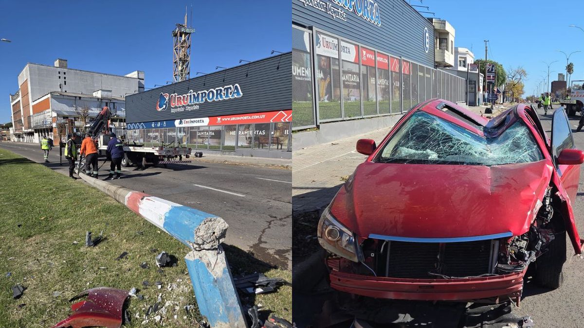 Un auto chocó contra una columna y sus ocupantes lograron salir antes de que esta cayera sobre el vehículo