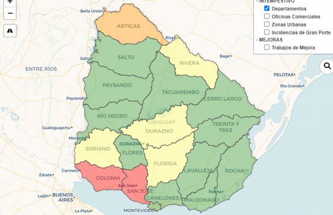 Situación del suministro de energía de UTE, a las 14:00 horas de este lunes. 