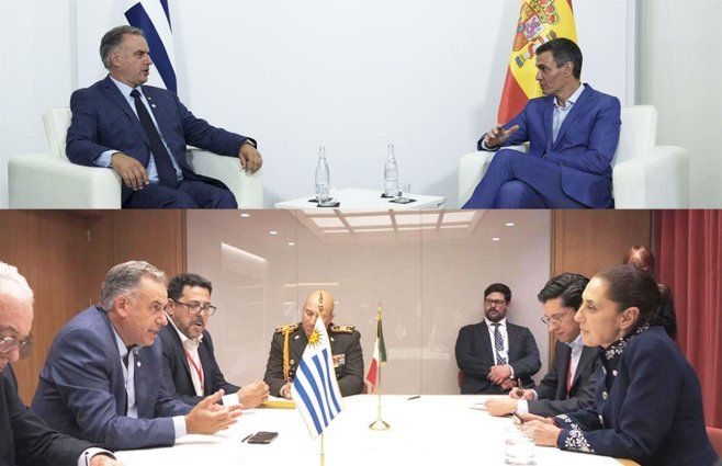 Yamandú Orsi con Pedro Sánchez (arriba), foto: Presidencia de Uruguay. Orsi con Claudia Sheinbaum (abajo), Foto: Cancillería de Uruguay.