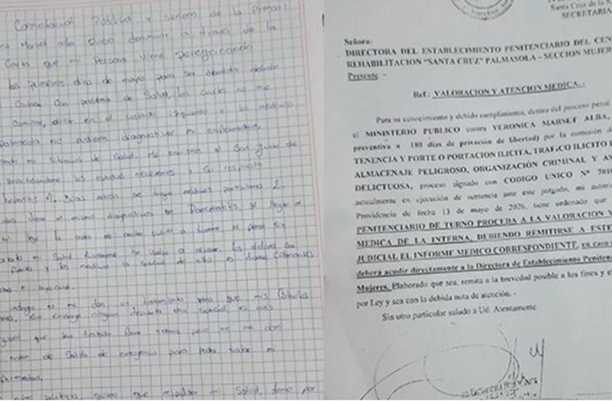 Carta de Tatiana Marset y una orden judicial para su valoración médica, presentadas por la abogada de la detenida. El Deber, Carta de Tatiana Marset y una orden judicial para su valoración médica, presentadas por la abogada de la detenida. El Deber,