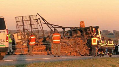 chofer murio tras volcar camion con rollos de madera en flores