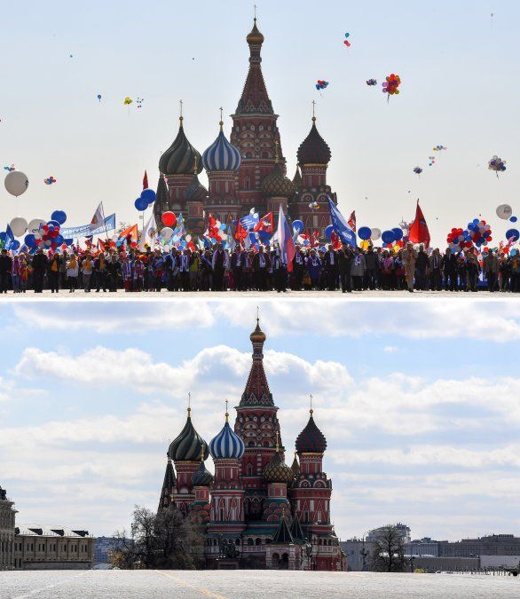 Celebración en la Plaza Roja el 1 de mayo de 2019 y la Plaza Roja vacía durante un cierre parcial en Moscú en mayo 1, 2020, ya que las celebraciones del Día del Trabajo fueron canceladas debido al brote de COVID-19 causado por el nuevo coronavirus.