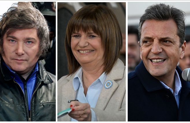 Los tres candidatos con más votos en las internas presidenciales de Argentina. Foto: AFP.