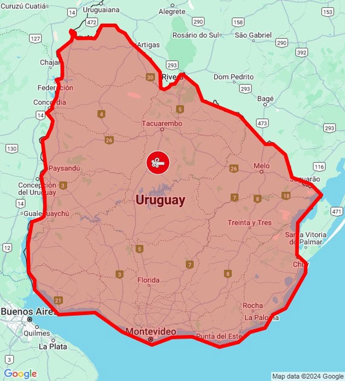 El mapa falso, publicado en el sitio web de Inumet, y en la cuenta de X. El mapa falso, publicado en el sitio web de Inumet, y en la cuenta de X.