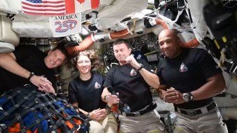 Los astronautas de Artemis II durante la conversación en vivo con el presidente Trump. Foto: Nasa, publicada por AFP.