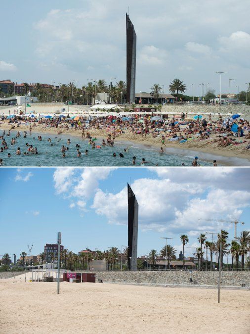 Una playa de Bogatell en Barcelona, ​​el 6 de agosto de 2017 y la misma playa, vacía el 13 de mayo de 2020, durante el cierre nacional para prevenir la propagación de la enfermedad COVID-19.&nbsp;&nbsp;