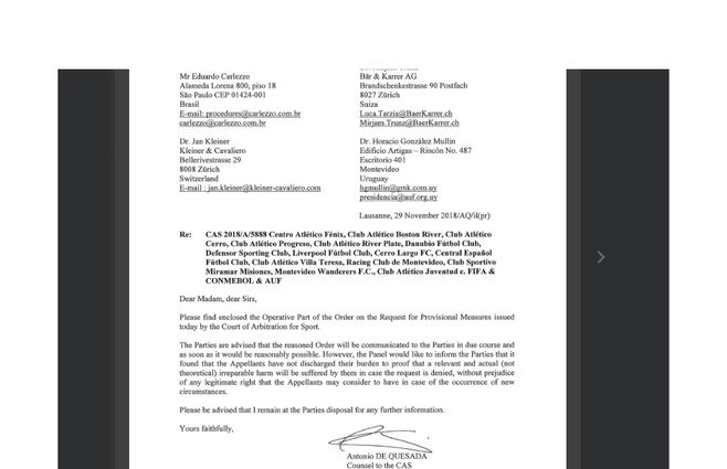 El documento del TAS que esta mañana llegó a los clubes del G-10. Un revés y un plazo que termina mañana. Si no se vota el estatuto, AUF puede ser desafiliada.&nbsp;