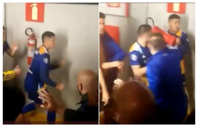 Marcos Rojo, líder en el vestuario de Boca, golpeó a guardias de seguridad y tomó un matafuego. Las imágenes recorren las redes sociales