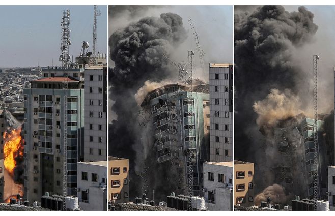 El edificio de 12 pisos situado en Gaza donde se alojaban periodistas que cubren el conflicto. Las fuerzas israelíes advirtieron a los ocupantes que el local sería un objetivo y fue desocupado antes del ataque.