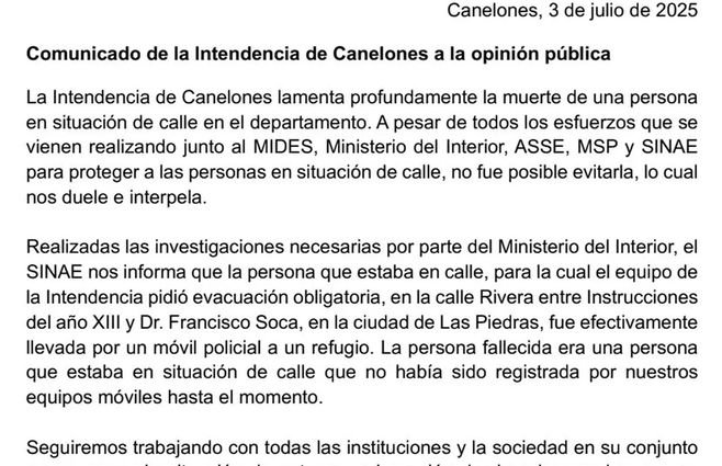 Segundo comunicado, emitido a las 8:37 de este jueves, donde sostiene que el hombre vivía en calle.