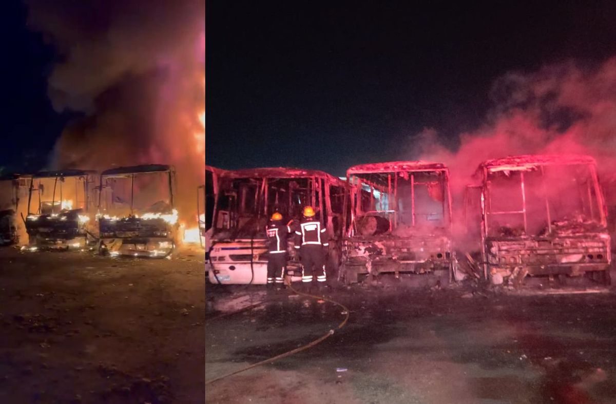 Incendio en depósito de ómnibus en Pando: cuatro vehículos afectados, el fuego extinguido y sin lesionados