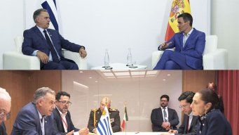 Yamandú Orsi con Pedro Sánchez (arriba), foto: Presidencia de Uruguay. Orsi con Claudia Sheinbaum (abajo), Foto: Cancillería de Uruguay.