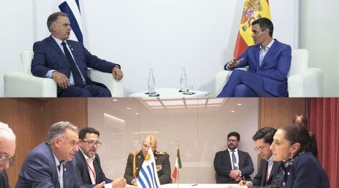 Yamandú Orsi con Pedro Sánchez (arriba), foto: Presidencia de Uruguay. Orsi con Claudia Sheinbaum (abajo), Foto: Cancillería de Uruguay.