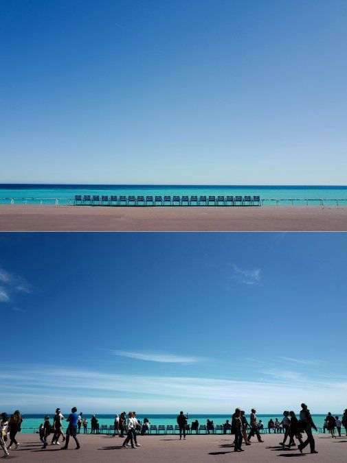 Las sillas azules en la desierta Promenade des anglais, en la ciudad francesa de Niza, el 12 de mayo, durante el confinamiento impuesto por el gobierno para frenar la propagación de la pandemia. La otra fotografía fue tomada el 12 de mayo, el segundo día después de que Francia alivió las medidas de bloqueo.