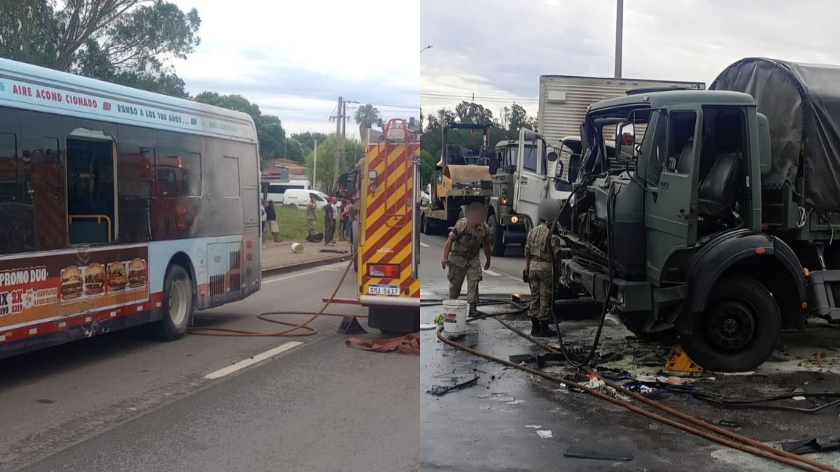 Camión militar cruzó de senda e impactó contra otro y un ómnibus; hay un lesionado grave y tres leves