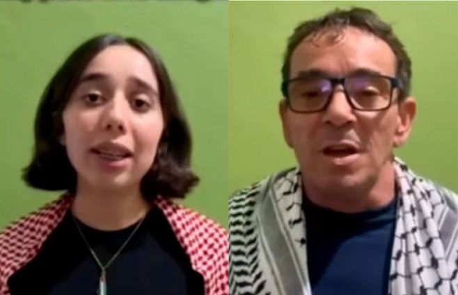 Daniela López y Jorge Vignolo, del PIT-CNT, en los videos que emitieron en el acto por el Día de los Trabajadores.