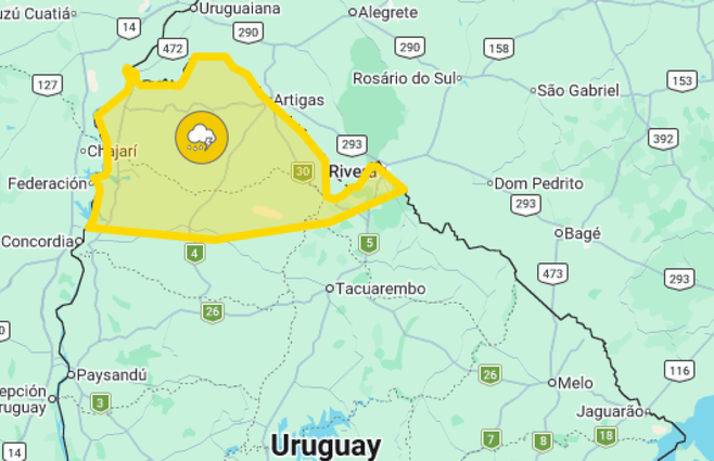 Alerta amarilla en el norte por tormentas puntualmente fuertes y lluvias abundantes
