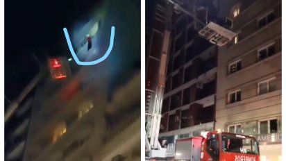 Las dos caras del rescate. Duarte en el piso 11 y el hidroelevador empleado para bajarlo sin riesgo. Todo salió bien-