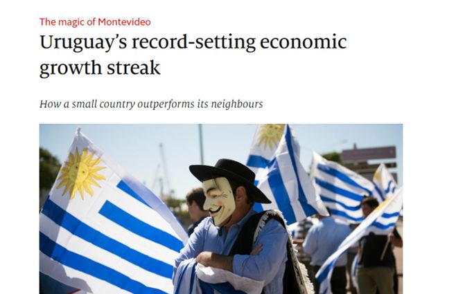 La revista de análisis destaca el crecimiento récord durante años y el pensamiento estratégico de la clase política uruguaya. Foto: Página de The Economist dedicada a nuestro país.
