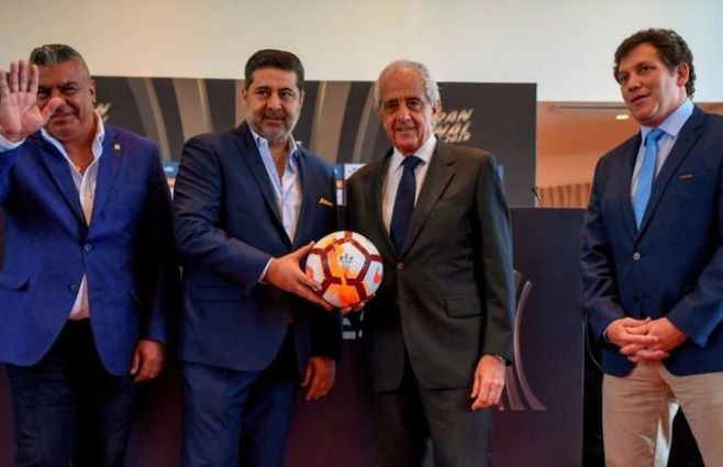 Tapia, Angelici, DOnofrio y Domínguez presentaron juntos la gran final de la Copa Libertadores.&nbsp;