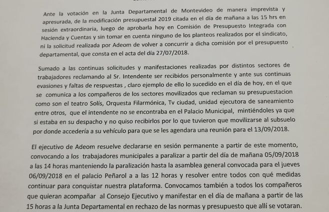 el comunicado del gremio emitido este lunes