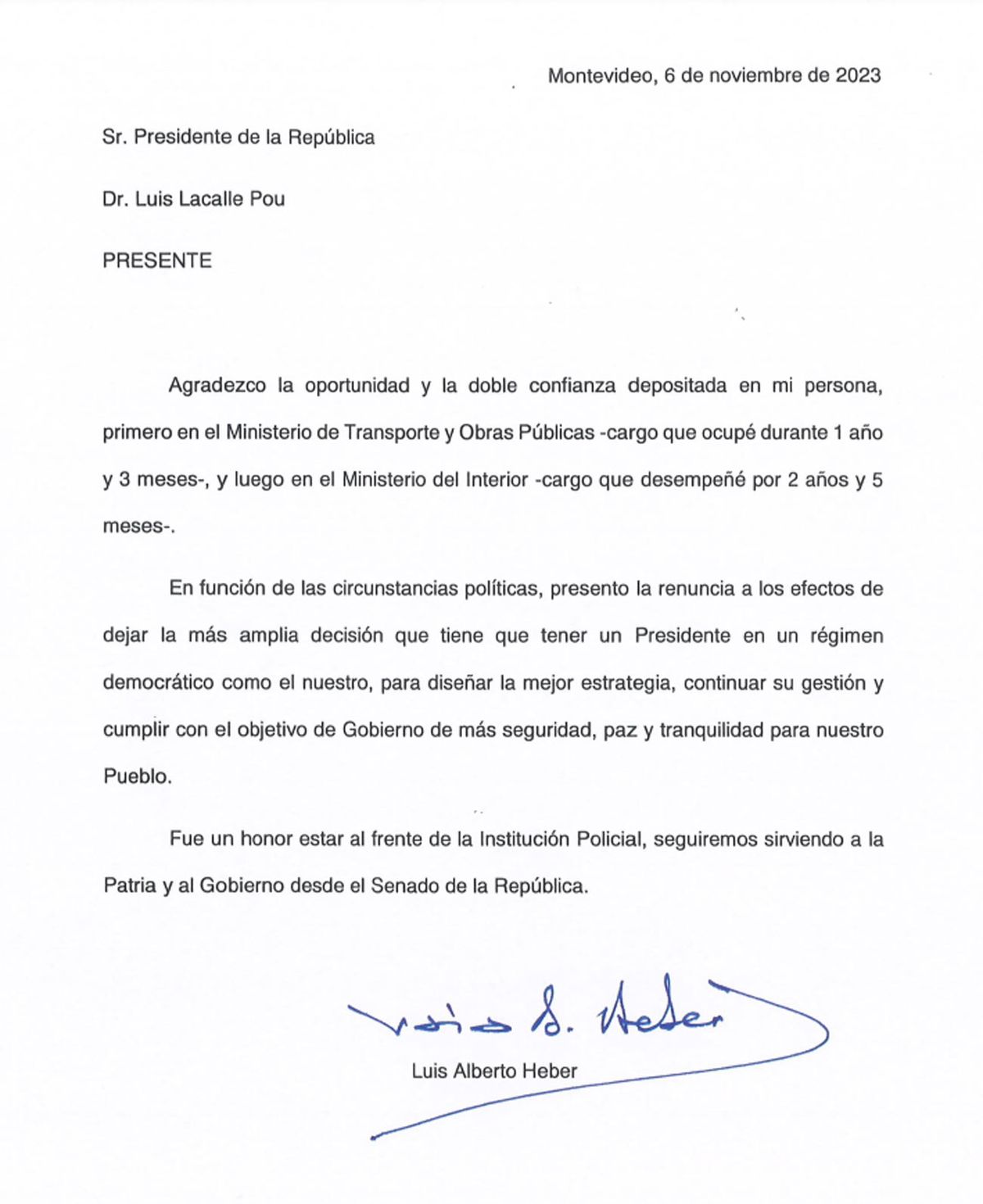 Carta de renuncia de Luis Alberto Heber. Carta de renuncia de Luis Alberto Heber.