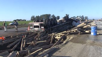 camion volco con 45 toneladas de madera; chofer realizo una maniobra para evitar accidente