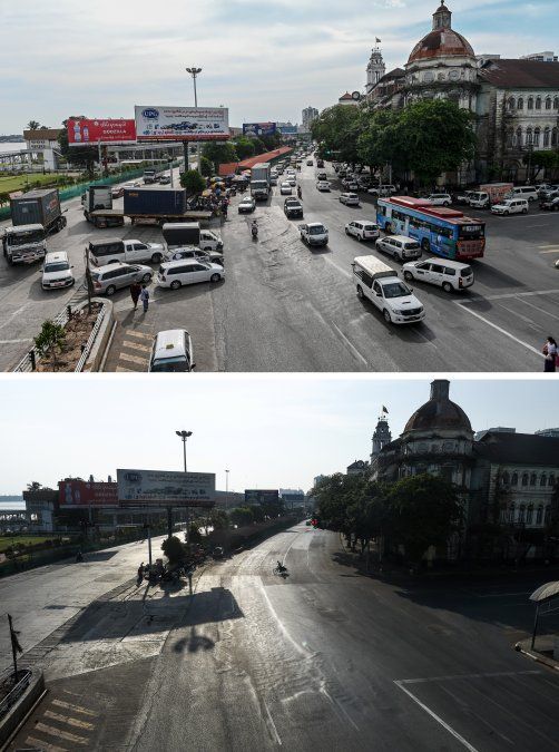 Una carretera en Yangon el 14 de mayo de 2020 y la misma calle vacía, en medio de restricciones establecidas para detener la propagación del nuevo coronavirus, el 10 de abril de 2020.&nbsp;&nbsp;