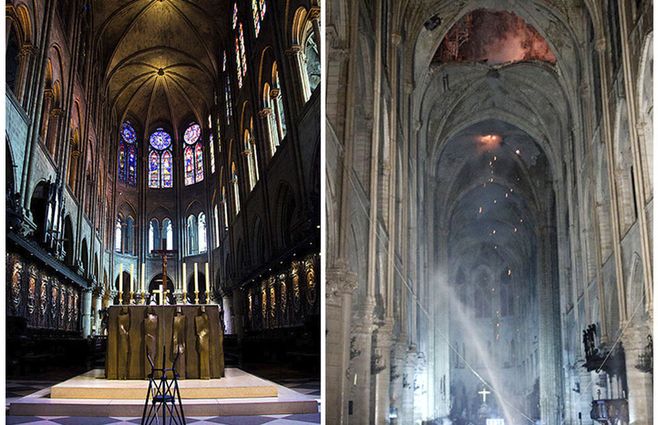 Imágenes del antes y después del altar de la catedral de Notre-Dame, tras el incendio de este lunes
