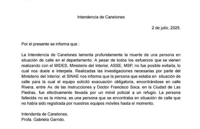 Captura de pantalla hecha por Subrayado, al primer comunicado de la Intendencia de Canelones.