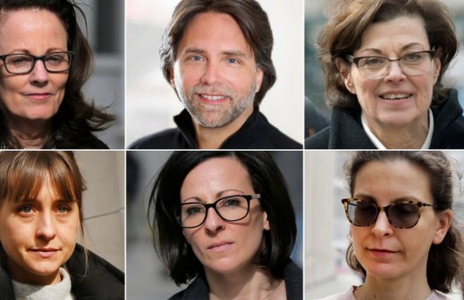 Arriba, al centro Rainiere, el jefe de la organización. A la izquierda Kathy Russell y a la derecha Nancy Salzman. Abajo: Allison Mack (izquierda), Lauren Salzman (centro); Clare Bronfman (derecha)