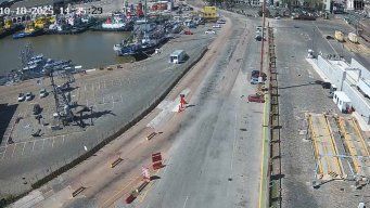 Imagen de cámara de seguridad, en la tarde de este sábado, de Katoen Natie; vista al puerto de Montevideo.