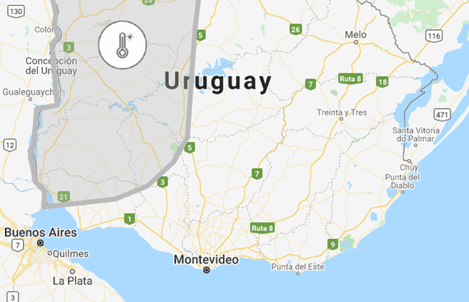 El área demarcada para la ola de calor es el litoral uruguayo. Allí las máximas alcanzarán los 39º. Sin embargo las altas temperaturas estarán presentes en todo el territorio nacional.