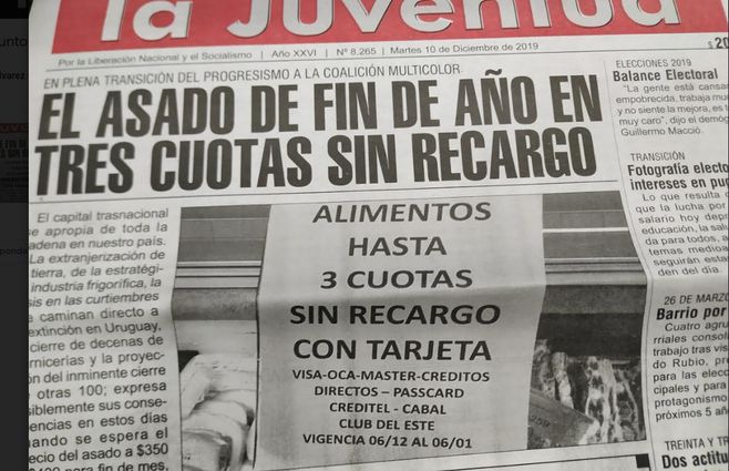 La portada de hoy del diario La Juventud donde se deja constancia de la oferta de tres cuotas sinrecargo para falda parrillera en un supermercado de Florida