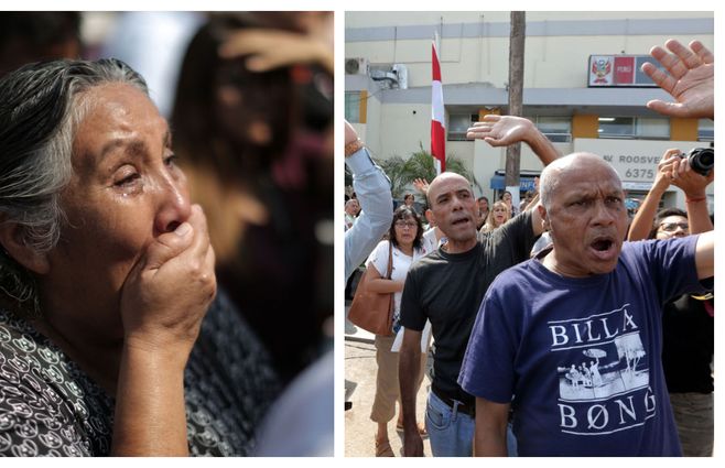 Una militante del APRA llora ante el hospital en el que falleció Alan García. En el centro de Lima, hay festejos por la muerte del expresidente.&nbsp;