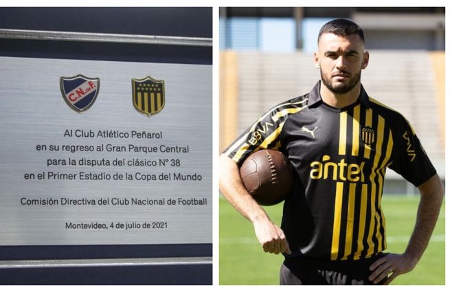 La plaqueta que será devuelta por Ruglio y Tito Formiliano probándose la camiseta que remeda la estética del CURCC