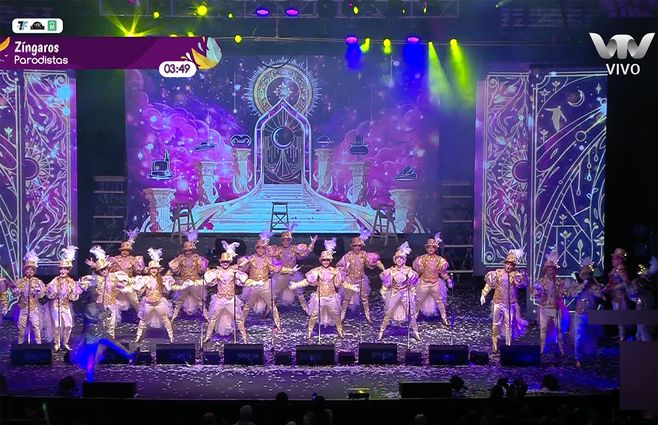 Presentación de Zíngaros, ganador en Parodistas y al mejor espectáculo del Carnaval 2024. Foto: captura de pantalla de la transmisión de TV.