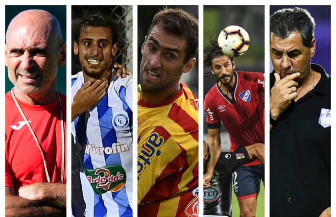 Debutante en Rampla Rosario Martínez, goleador arachán Seba Sosa, Gustavo Alles de Progreso, zaguero argentino Angeleri, y Jorge Polilla Da Silva, DT de Defensor.