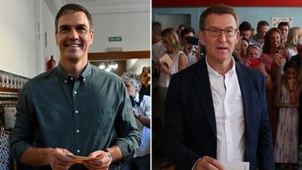 Presidente del gobierno de España y líder del PSOE Pedro Sánchez (izq.) y Alberto Núñez Feijóo, lider del PP. Foto: AFP.